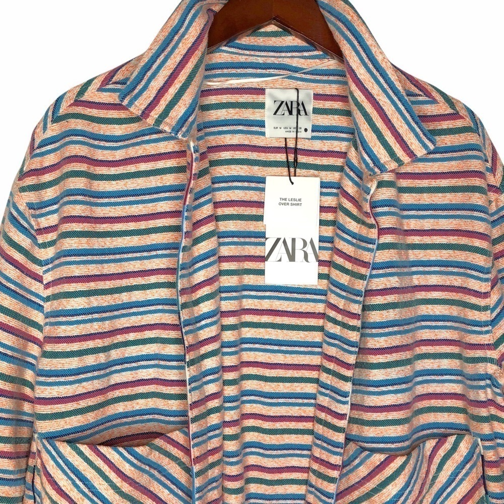 ZARA NWT “Leslie” Striped Shirt Jacket Size Medium in Bright Pink Multi - Picture 2 of 15